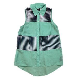 by & by | Sheer Chiffon Sleeveless Mint w/ Stripes Button Down Blouse | Medium